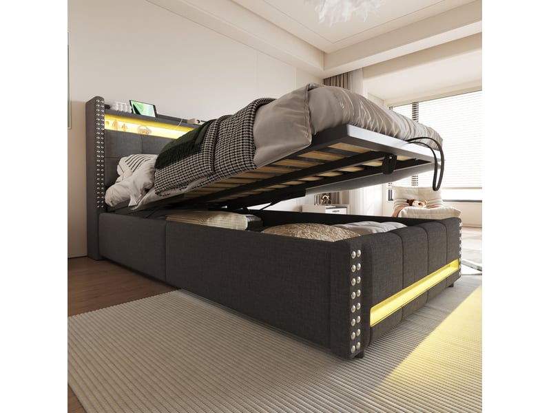  Lit enfant rembourré 90 x 200 cm gris avec led, prise usb et rangement hydraulique  - Conforama D