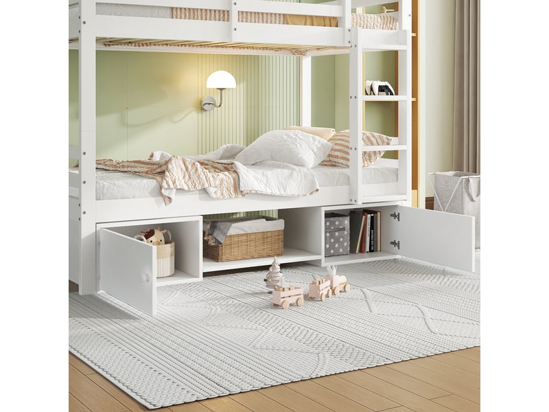  Lit superposé enfant avec étagères à chaussures et casiers, séparable en 2 lits, 90x200cm, blanc avec rangement  - Conforama C