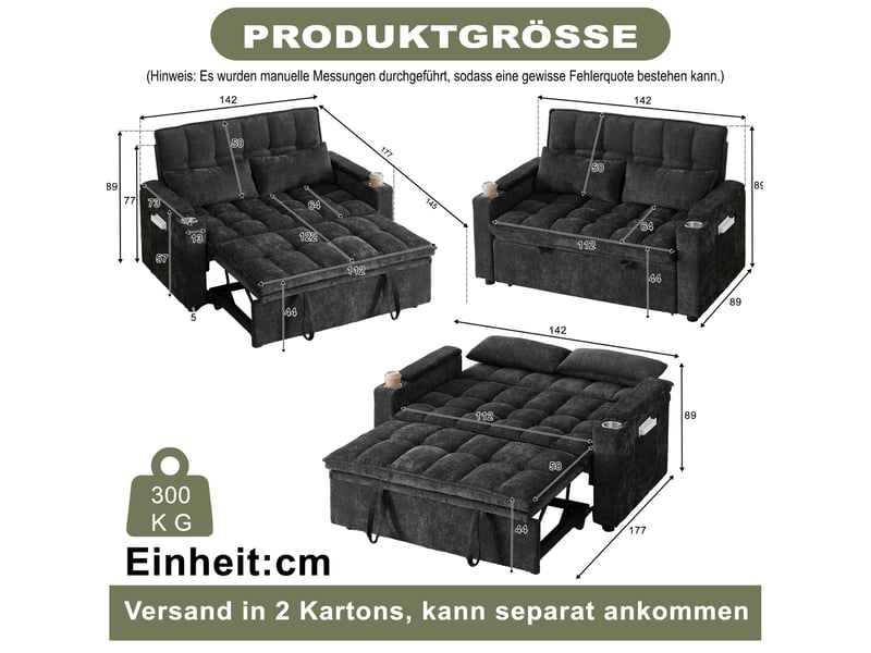  Canapé-lit tcqpz 3 en 1 convertible 142 x 89 x 89 cm en chenille noir avec rangement et porte-gobelets  - Conforama B