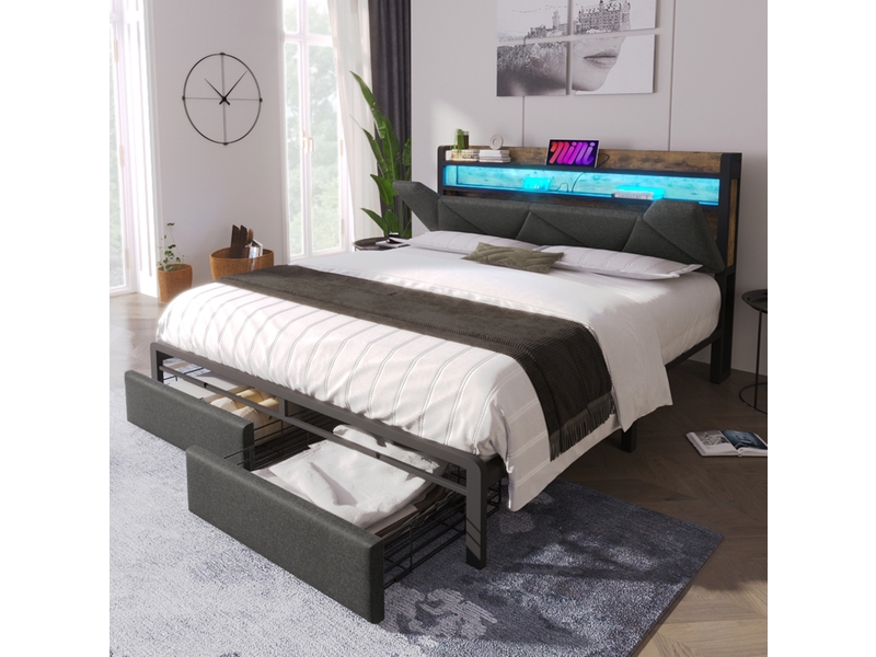  Lit rembourré tcqpz 140 x 200 cm avec tête de lit de rangement, led, usb type-c et tiroirs gris  - Conforama D