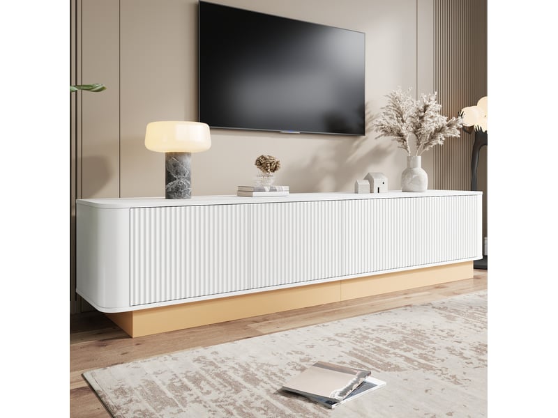  Meuble tv bas 200x40x47,5 cm avec 4 portes, aggloméré blanc, armoire de rangement, meuble de salon, étagères réglables  - Conforama E