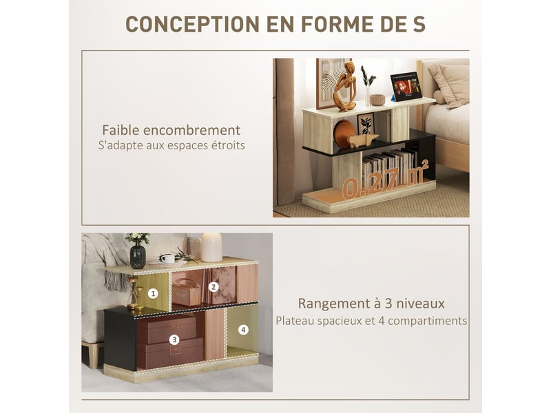  Table d'appoint en forme s, bout de canapé à 3 niveaux étagères de rangement, effet bois naturel noir, 90 x 30 x 61 cm  - Conforama E