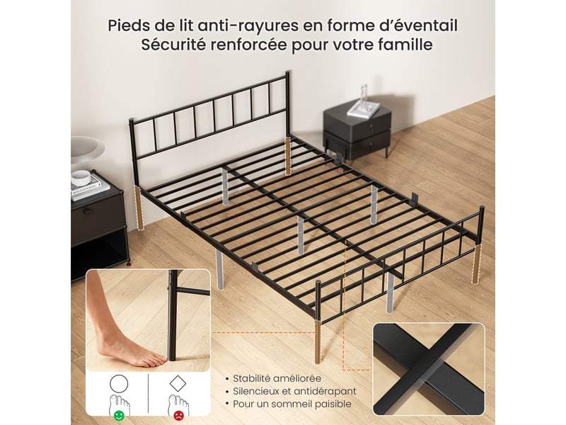  Lit double 140x200 cm, cadre de lit métallique minimaliste avec tête de lit, structure robuste, antidérapante et résistante à la rouille, noir  - Conforama C