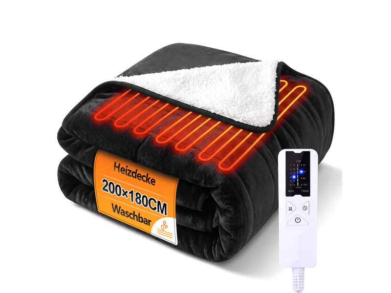 Nettlife couverture chauffante 200x180cm noir, 6 niveaux de chaleur, minuterie 2‑10h arrêt auto, double face flanelle & sherpa, lavable, protection surchauffe - Conforama A