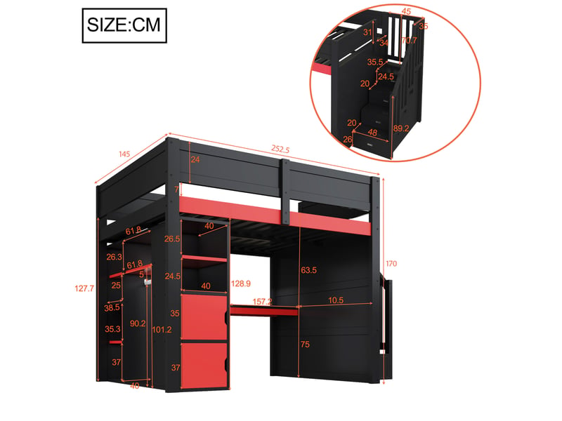  Modenvie lit mezzanine 140x200 cm - avec bureau, led et rangements, sommier inclus - noir  - Conforama C
