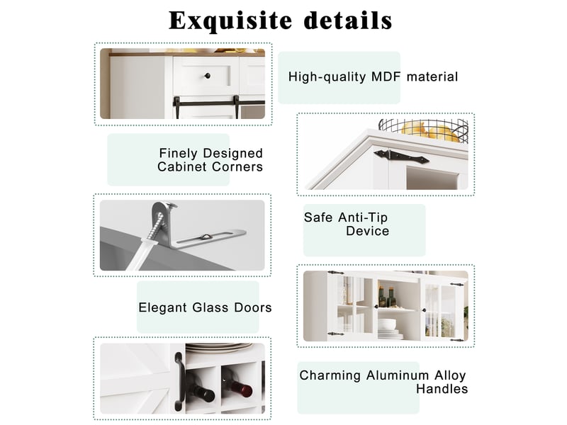  Buffet de cuisine haut 105x38x180 cm, meuble vaisselier blanc en mdf avec portes vitrées et éclairage led intégré  - Conforama R