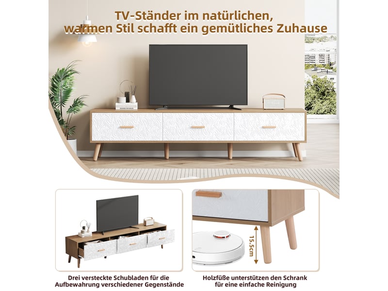 Meuble tv bas blanc et bois, style vintage avec trois tiroirs, meuble tv 150 cm pour grand écran, salon ou chambre  - Conforama W