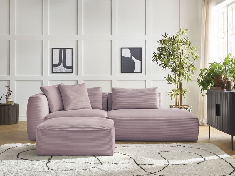 Bobochic canapé droit fixe 3 places leopold velours côtelé avec pouf violet accoudoir gauche LEOPOLD - Conforama C