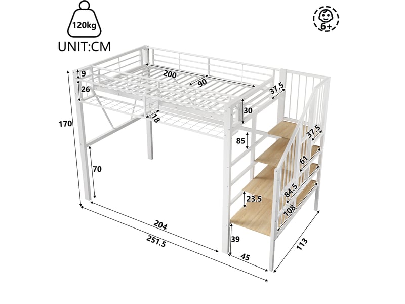 Lit mezzanine enfant 90x200 cm avec étagères en gradins, lit surélevé avec panneaux grillagés, panier de rangement, espace ouvert et led, blanc OPULERANE TRADING LTD - Conforama C