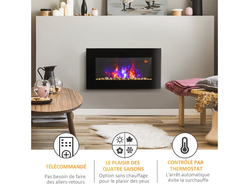  Cheminée électrique murale 10002000 w, cheminée décorative avec effet flamme 7 couleurs réglables, 72,5x11,5x40cm, noir  - Conforama D