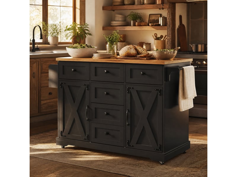  Îlot de cuisine pliant mobile 147 x 70 cm, mdf et métal, noir, avec rangement  - Conforama B