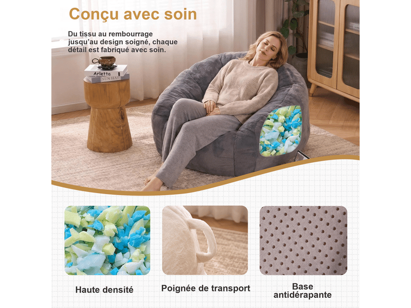 Pouf poire adulteenfant gris en polyester 98x98x60 cm, rembourrage mousse mémoire, assise moelleuse pour lire et se détendre W5378P504662 - Conforama E