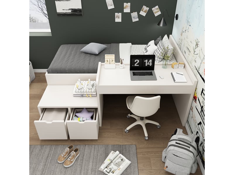  Lit enfant avec bureau et tiroirs de rangement, lit simple 90x200 en bois massif blanc, avec sommier  - Conforama W