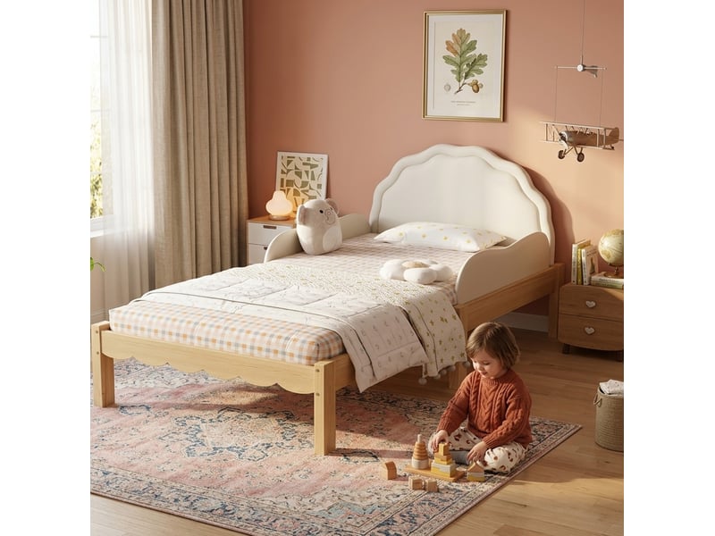  Lit enfant 90x200 cm avec tête de lit en pu, barrières latérales, cadre en bois, beige sans matelas  - Conforama D
