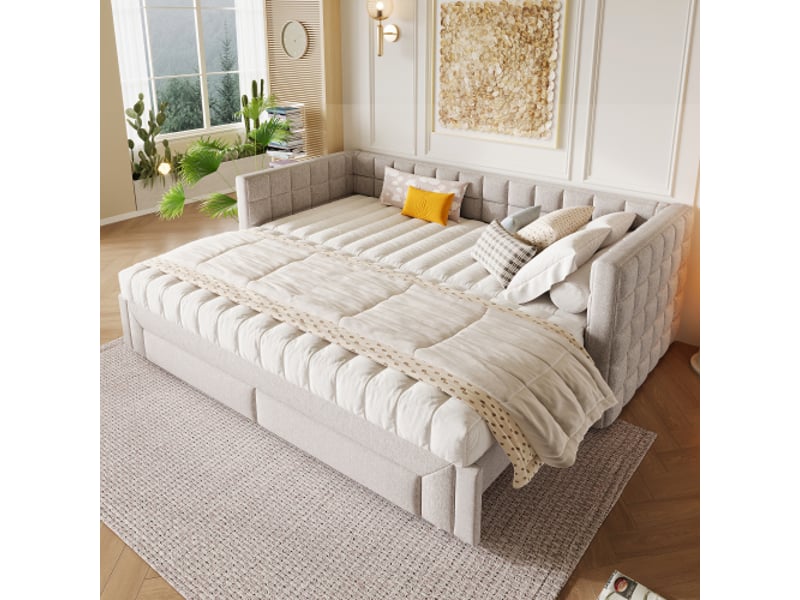  Lit de jour, 90 x 200 cm, canapé-lit avec dossier carré, lit extensible (jusqu'à 180 cm en format queen size), 2 tiroirs, sans matelas, beige  - Conforama B