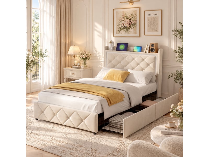  Lit simple 90x200 cm avec éclairage led et usb, lit enfant avec 2 tiroirs, tete de lit rembourré avec espace de rangement, sommier à lattes, beige  - Conforama B