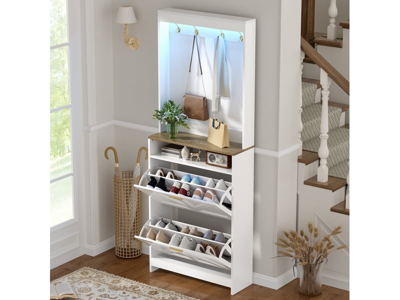  Armoire à chaussures led avec 2 abattants et crochets pour entrée et couloir, blanc et naturel, 70 × 24 × 180 cm  - Conforama B