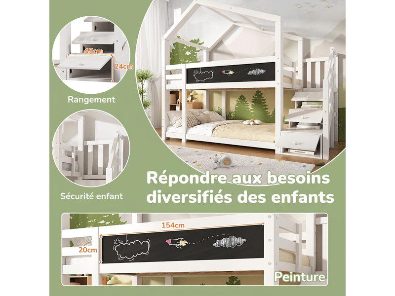  Lit superposé enfant 90x200 cabane avec tableau et escalier de rangement - bois massif blanc  - Conforama E