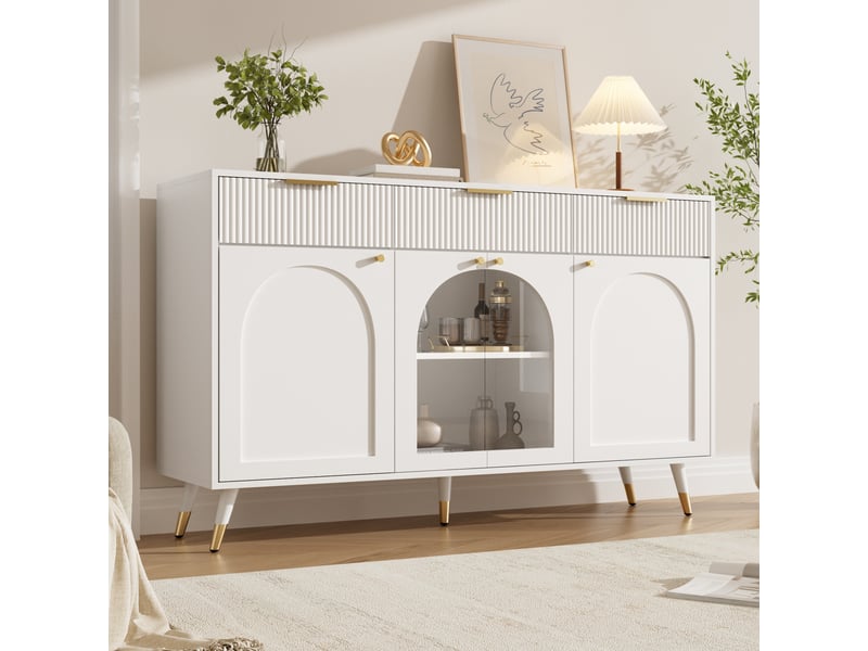  Buffet 4 portes et 3 tiroirs en mdf et panneau de particules blanc 140x40x85.5 cm  - Conforama E