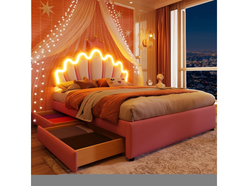 Lit enfant 140x200cm avec led, tiroirs, tête réglable, style princesse, sommier, pu rose, sans matelas - Conforama W