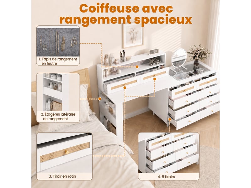  Coiffeuse blanche en MDF avec miroir, plateau en verre trempé et façade en rotin. Dimensions : 105 x 50 x 107,5 cm. Dix tiroirs, rangement à bijoux doublé de feutre et étagère latérale à 3 niveaux. Installation compacte, déployé…  - Conforama E