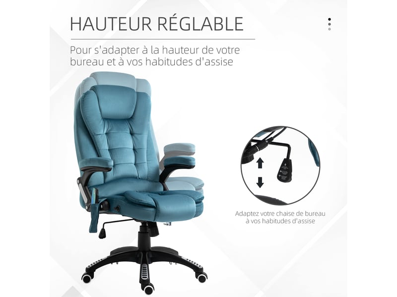  Fauteuil de bureau massant et chauffant, chaise de bureau, chaise ergonomique avec hauteur réglable, pivotant à 360° tissu en polyester bleu, dossier inclinable et télécommande filaire  - Conforama A