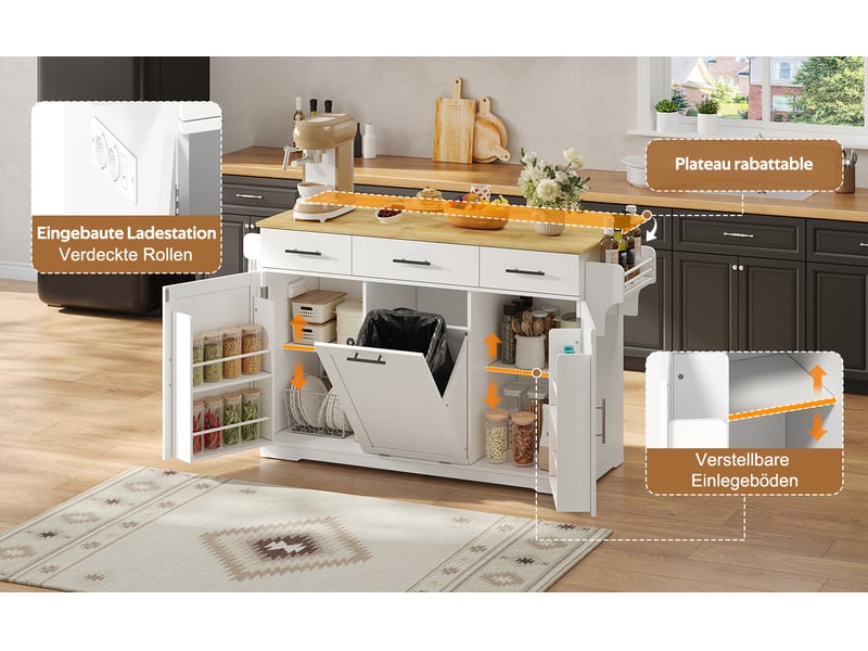 Îlot de cuisine mobile blanc et bois naturel en mdf, plateau rabattable, roulettes verrouillables, 136 × 50 (75) × 92 cm - Conforama E