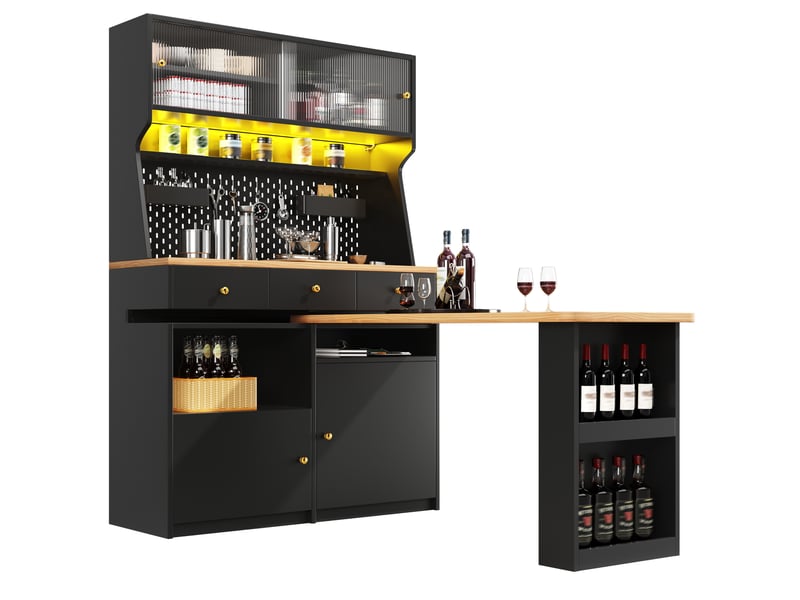 Vitrine haute modenvie avec bureau et bar led app, portes vitrées, étagères réglables, mdf et verre, noir  - Conforama A