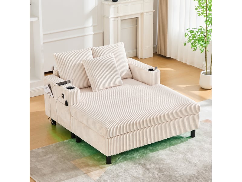  Chaise longue modenvie 1 place 128 x 142 x 85 cm led usb porte-gobelets velours côtelé beige  - Conforama B