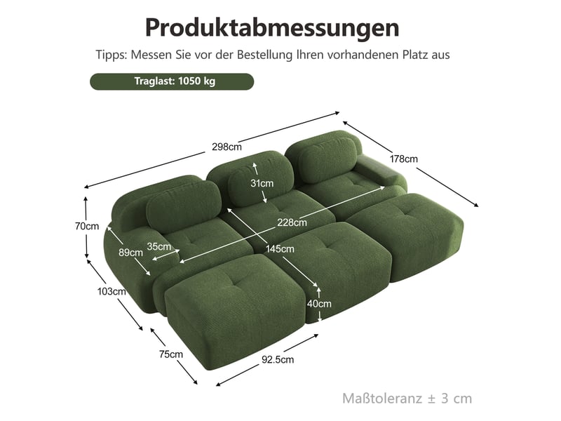  Canapé modulable 3 places 298x178x70 cm, trois poufs, prêt à installer, larges accoudoirs, velours côtelé, vert  - Conforama C