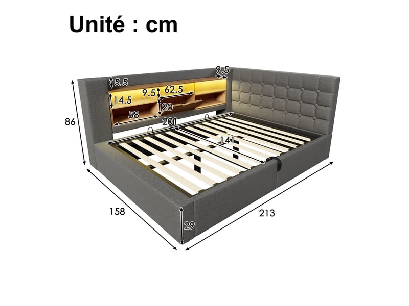  Lit coffre 140x200 cm - lit double avec rangement hydraulique, led intégrée et ports usb type-c, tête de lit fonctionnelle - sans matelas - lin gris  - Conforama C