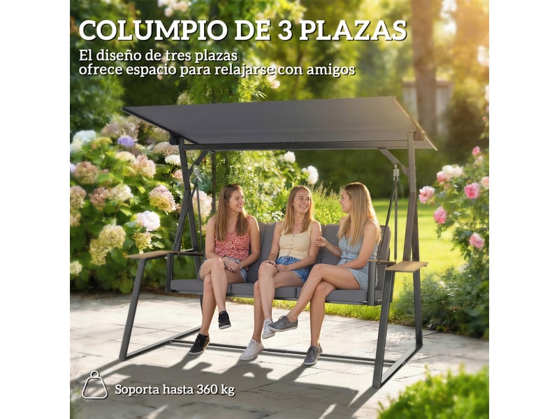 Balancelle de jardin 3 places, toit orientable 60° uv50+, structure metallique 360 kg, bacs lateraux, coussins rembourres, 222 x 131 x 175 cm - Conforama D