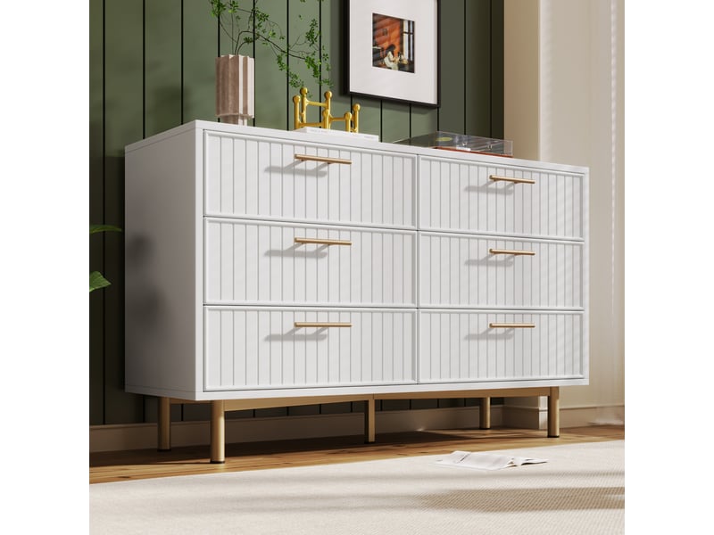  Buffet blanc 120x75x40 cm avec 6 tiroirs surface portante 45kg hauteur réglable meuble de rangement moderne pour salon  - Conforama R