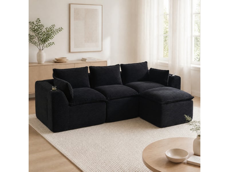 Canapé modulable 3 places en velours côtelé noir avec repose-pieds, poches et porte-gobelets pour salon - Conforama B