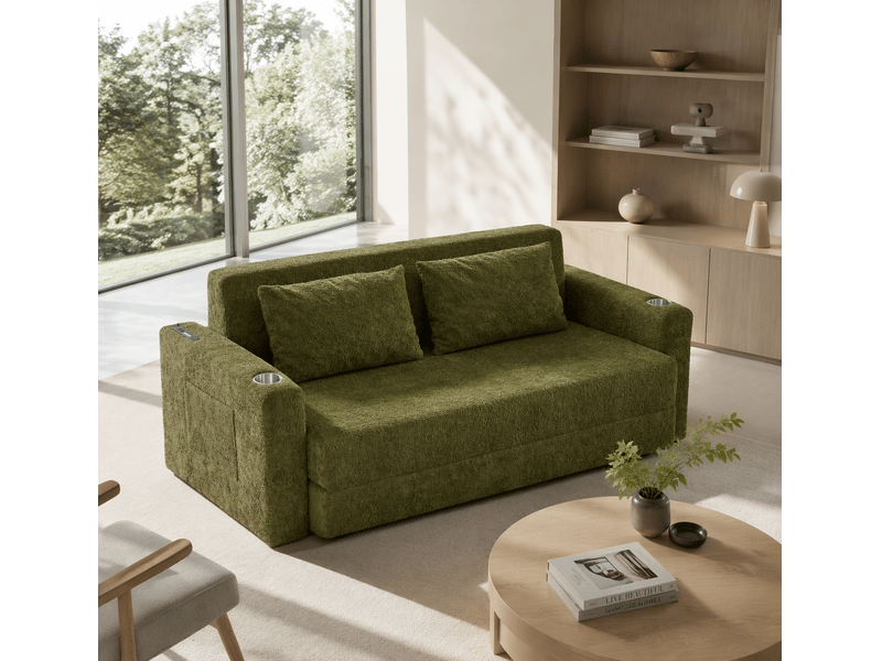  Canapé-lit convertible 2 places 153x77x65 cm avec fonction usb et porte-gobelets vert sans matelas  - Conforama B