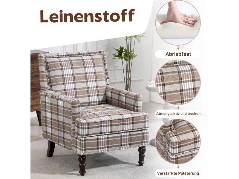  Fauteuil d'appoint 69x69x89 cm, dossier à rayures, confort, structure en bois, pour salon, coton, lin, marron et blanc  - Conforama D