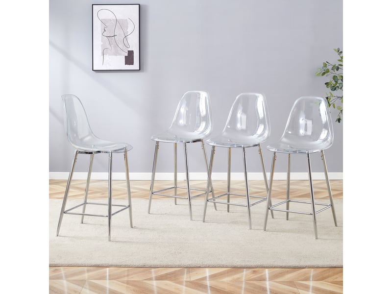  Lot de 4 tabourets de bar 43x50,8x101,6cm transparent et argent - en plastique avec dossier ergonomique et pieds en métal chromé argenté  - Conforama D