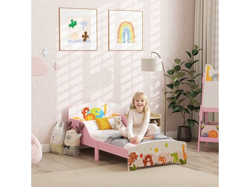  Lit enfant 70x140 cm motif animal 140 x 70 cm avec sommier à lattes en bois design sécurisé bas rose  - Conforama D