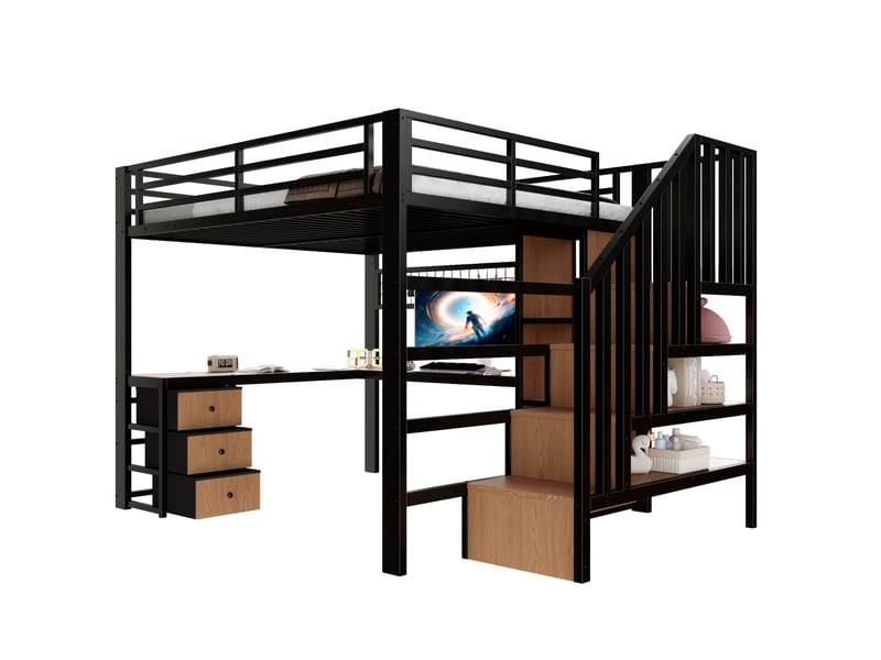  Lit mezzanine enfant 140x200 cm avec bureau, rangements et led noir  - Conforama A