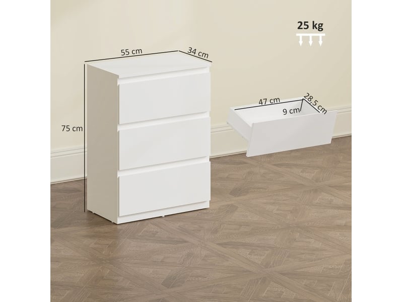  Commode blanche à 3 tiroirs sans poignées, 55 x 34 x 75 cm, finition mélaminée  - Conforama C
