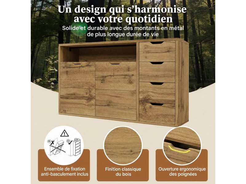 Buffet effet chêne 150 cm avec niche ouverte, 2 portes et 4 tiroirs - Conforama D