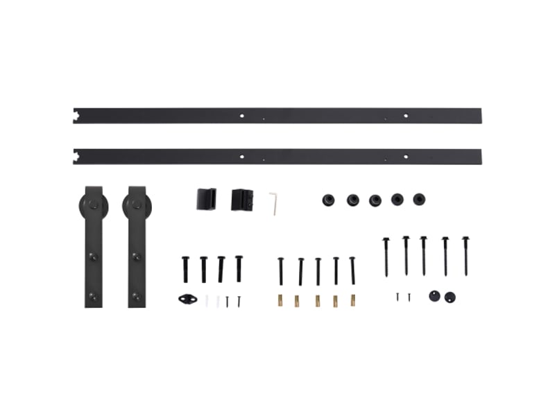  Kit de ferrure pour porte coulissante 200 cm en acier carbone noir avec rail, roulettes, butées, guide au sol et vis, système complet intérieur  - Conforama A