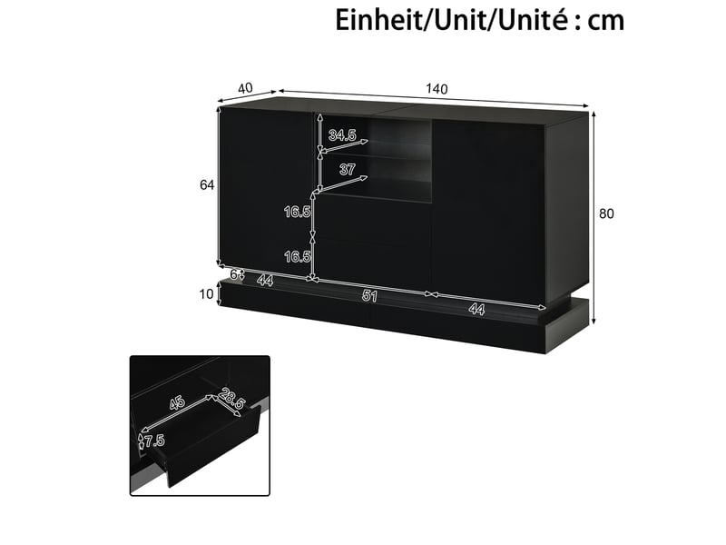 Buffet 140x40x80 cm avec led contrôlée par application en panneaux de particules noir - Conforama E