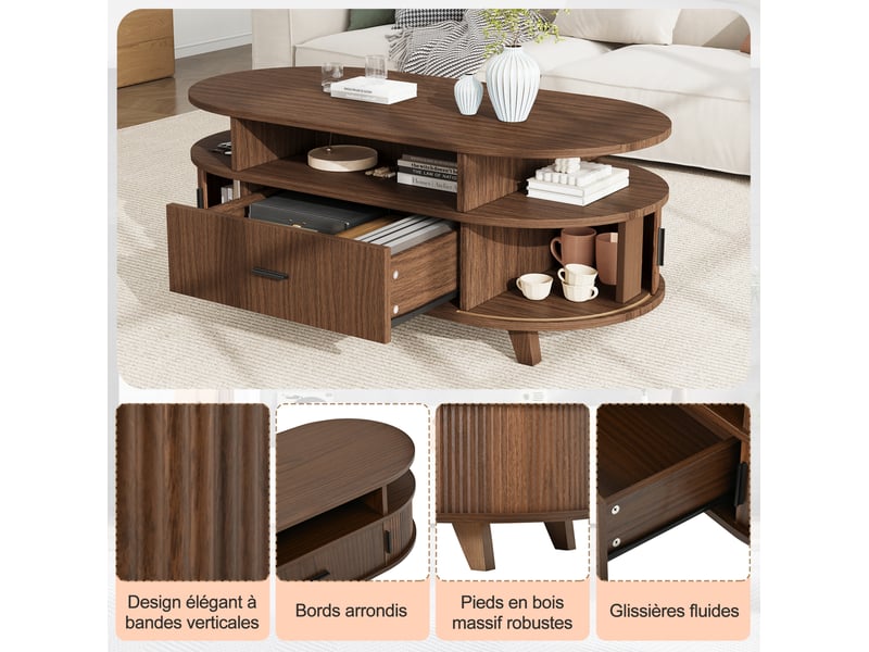  Table basse ovale 100x50x40 cm, 1 tiroir, 2 portes à rideau, rangements, mdf, style nordique noyer  - Conforama D