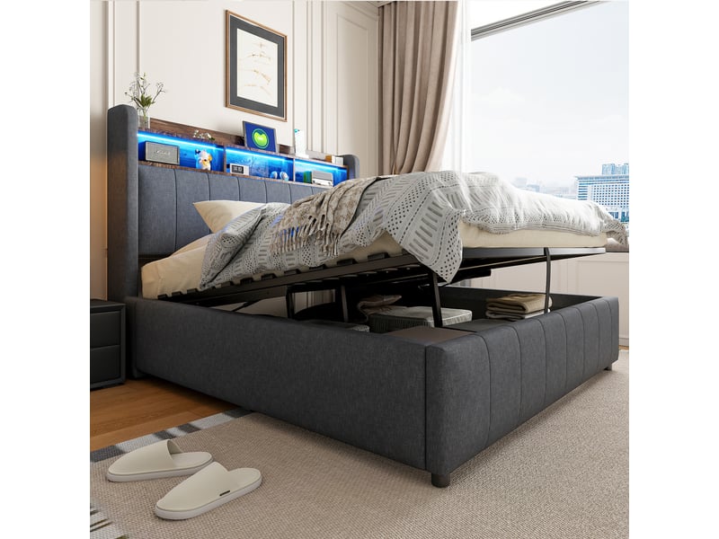  Lit capitonné 140 x 200 cm gris en lin, led multicolore, usb et type-c, coffre hydraulique, sans matelas  - Conforama E