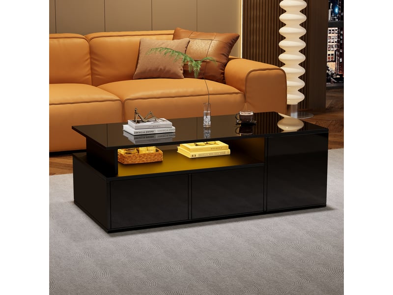  Table basse avec 2 tiroirs, 1 niche ouverte et 3 compartiments, led, pour salon, panneaux de particules, noir, 100 x 50 x 35 cm  - Conforama D
