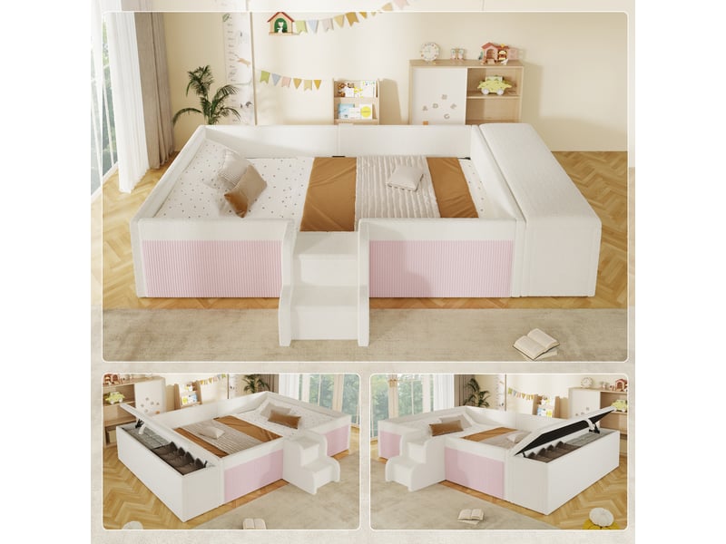  Lit enfant 140 x 190 cm, banc coffre mobile, escalier 2 marches, contours rembourrés, sommier à lattes inclus, revêtement bouclé, blanc et rose Luxe haut de gamme - Conforama B