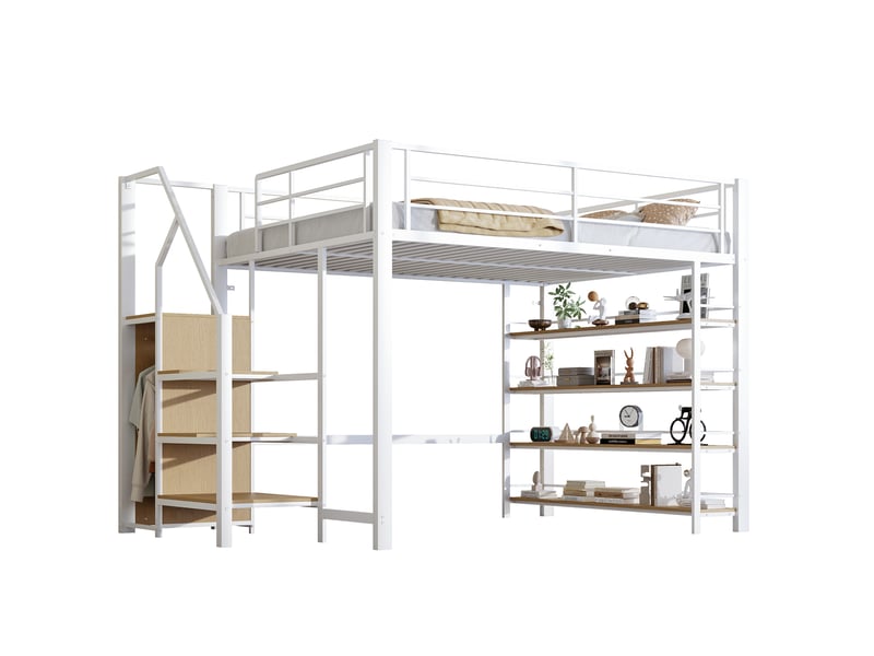  Lit mezzanine 140*200 en métal blanc avec échelle sécurisée, rangements et penderie  - Conforama A