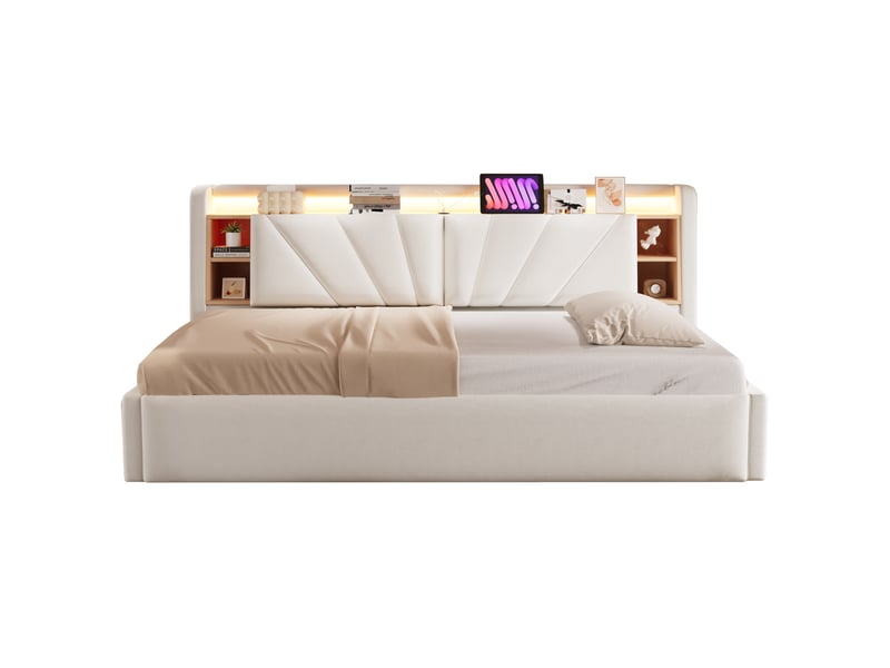  Lit simple 90x200 cm avec rangement hydraulique, tête de lit led avec usb et étagères, lit rembourré en velours avec coffre de rangement - beige  - Conforama A