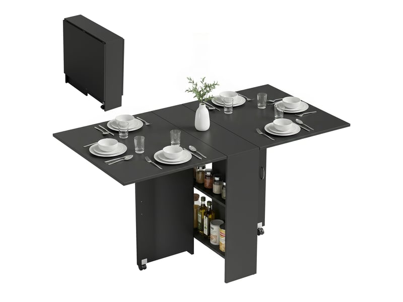  Table de cuisine pliante à 2 roulettes, 2 étagères de rangement et 2 rallonges rabattables, style moderne, 75 x 140 x 74 cm, noire  - Conforama A